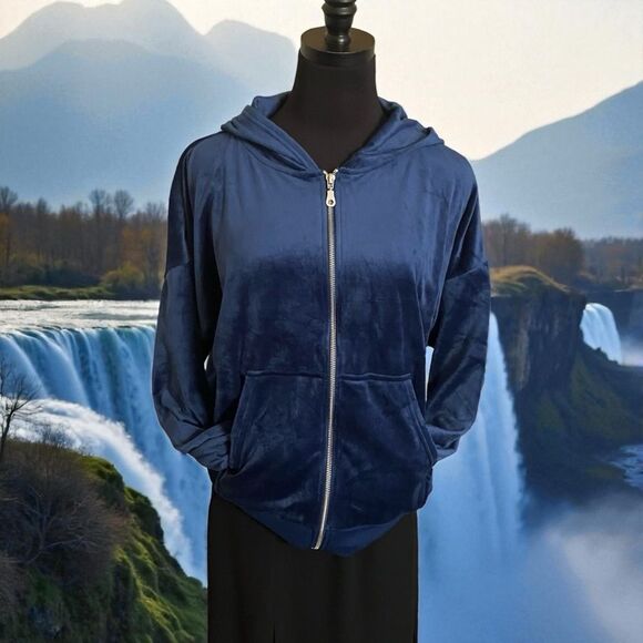 Felina Hoodie Zip-Up Blue Velour Size Medium - Picture 1 of 8